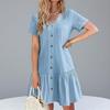 Women's V Neck Button Front Ruffle Hem Midi Dress Short Sleeve Casual Dress
