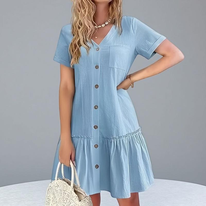 Women's V Neck Button Front Ruffle Hem Midi Dress Short Sleeve Casual Dress