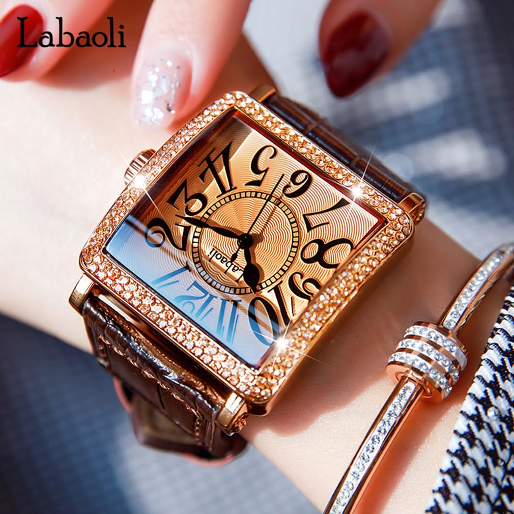 Square Wristwatch with Leather Strap and Big Gift Women's Diamonds, Face, Stylish, Waterproof, Simple, Business, Casual, Luxury, Brown,