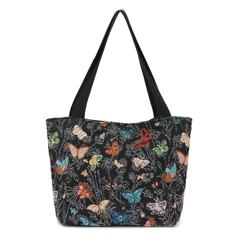 

Холщовая сумка на молнии через плечо для женщин с принтом бабочки, повседневные сумки-тоут большой емкости, модная