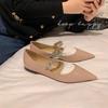 Spring 2025 Fairy Style Rhinestone Chain Mary Jane Flats - Patent Leather, Pointed Toe, Korean Soft Sole