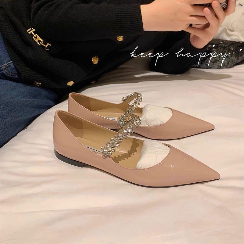 Spring 2025 Fairy Style Rhinestone Chain Mary Jane Flats - Patent Leather, Pointed Toe, Korean Soft Sole