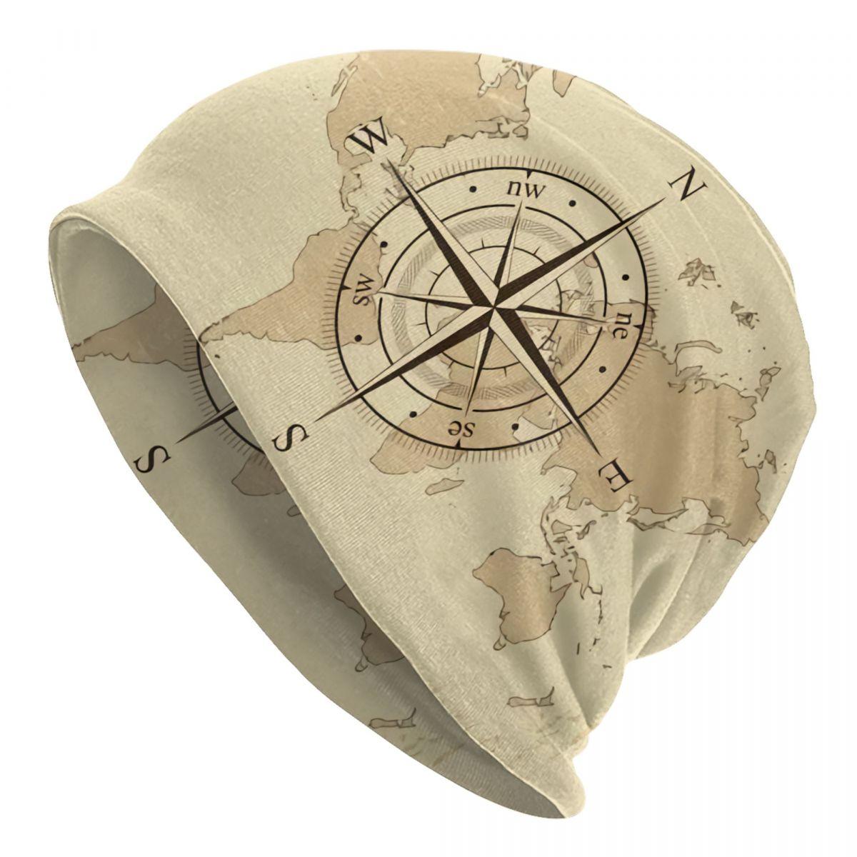 

Ancient Map Compass Skullies Beanies Caps Fashion Winter Warm Women Unisex Knitted Hat Adult Unisex Direction Camper Bonnet Hats