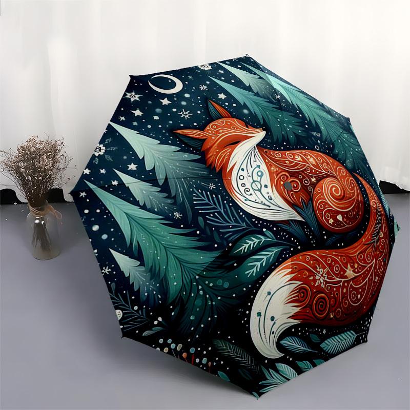 1pc Forest Fox Fantasy: Automatic Folding Umbrella with 3-Fold Design, Iron Frame for Outdoor Use - Perfect Gift for Fans, Travelers, and Daily Use.KK