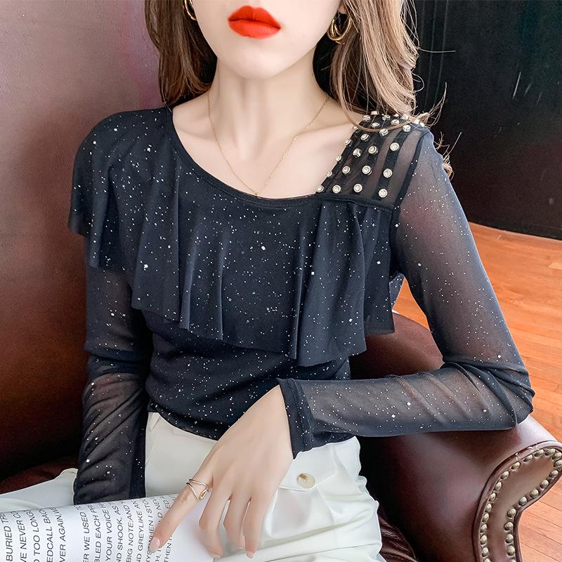 Autumn Mesh Long-Sleeve Top with Ruffles and Beaded Irregular Collar & Straps