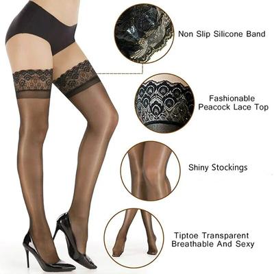 Rutschfeste Silikonstrümpfe für Damen, modische Pfauen-Spitzenoberseite, glänzende Strümpfe auf Zehenspitzen, transparent, atmungsaktiv und sexy Strumpfwaren