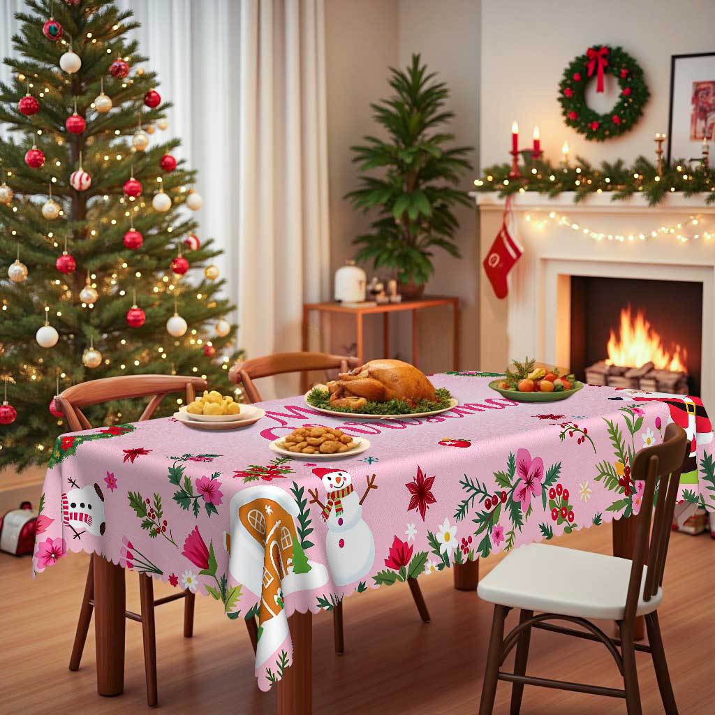 Cute Pink Christmas Tablecloth, Snowman Print, Waterproof Household Party Holiday Decoration Rectangular Dining Table Cloth