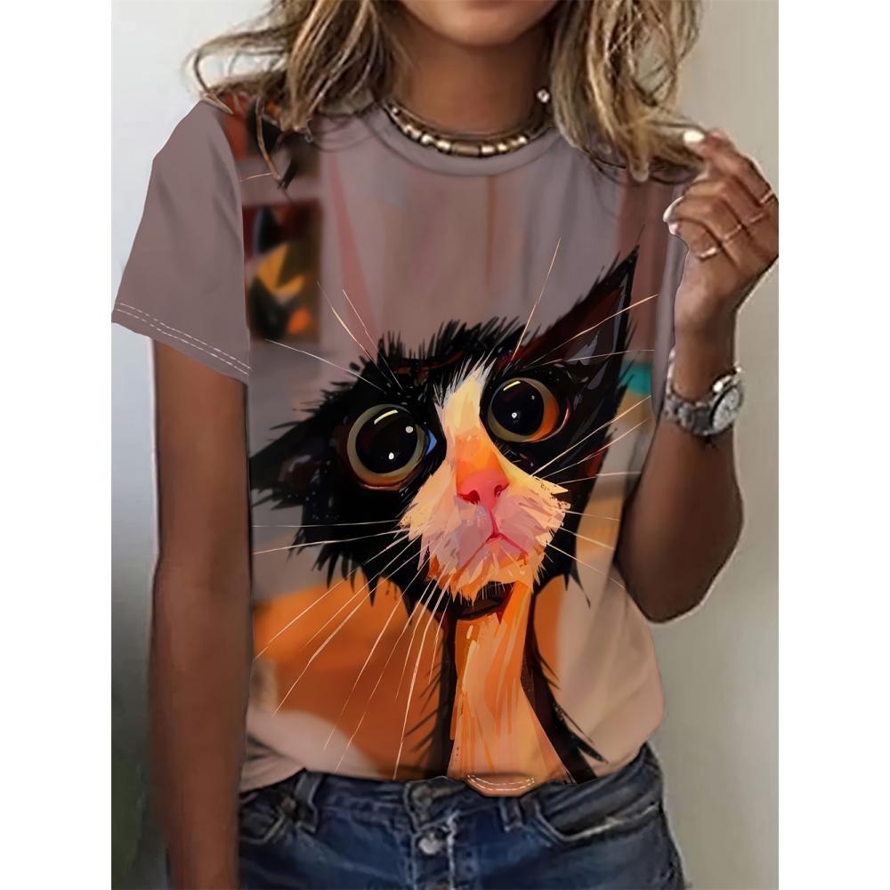 

Футболка с милым животным и 3d принтом, женские футболки с рисунком кота, Harajuku, повседневная футболка с короткими рукавами и круглым вырезом, женская одежда большого размера 3XL