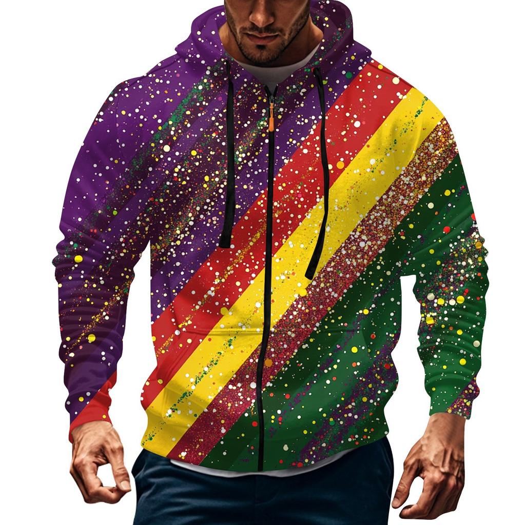 Men's Sports Casual Fleece Hoodie Carnival Print Hoodie Cardigan Zipper Multi-pocket Hoodie Coat
