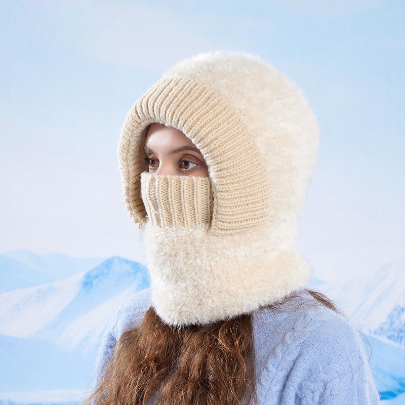 Winter Outdoor Warm Pullover Cap Women's Velvet Ear Protection Riding Neck Integrated Knitted Wool Cap