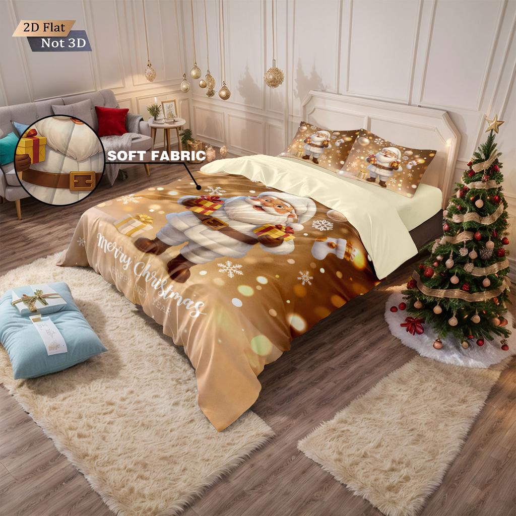 3pcs Merry Christmas Santa Claus Gold Printed Quilt Set Multi Size Dormitory Bedding Holiday Decoration Machine Washable