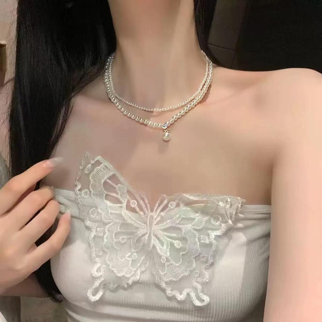 Glänzende Diamant-Schmetterling-Perlenkette: Damen Retro Würziges Mädchen Luxus Schlüsselbein Kette
