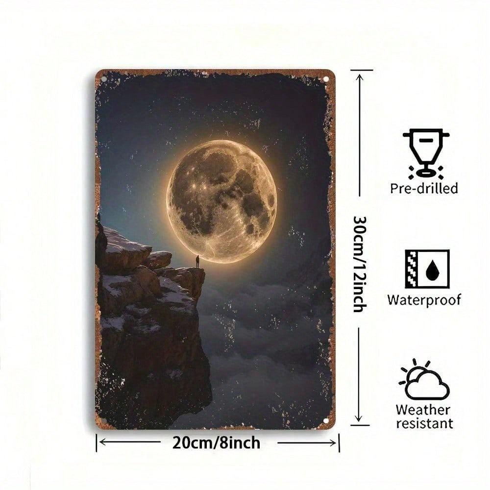 1pc Vintage Moonlit Mountain Tin Sign, Rustic Snowy Cliff Full Moon Wall Art, Retro Decor for Bedroom Cafe Pub