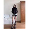 Petite Women's Black Hooded Cardigan - American Lazy Style, Slim Fit, Long Sleeve, Autumn Jacket