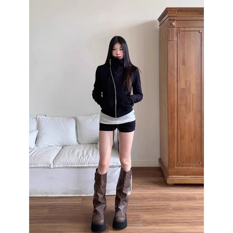 Petite Women's Black Hooded Cardigan - American Lazy Style, Slim Fit, Long Sleeve, Autumn Jacket