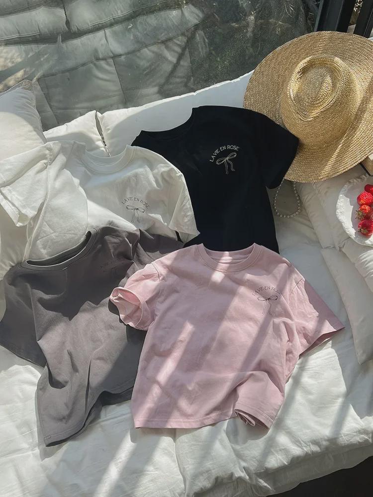 Lockeres T-Shirt-Kleid im koreanischen Stil für Mädchen mit Schleife auf der Rückseite – kurzärmlige Sommerkleidung, mittlere Größe