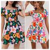 Women Floral Print Mini Dress Square Neck Puff Sleeve Waist Casual Elegant Summer Party Dress