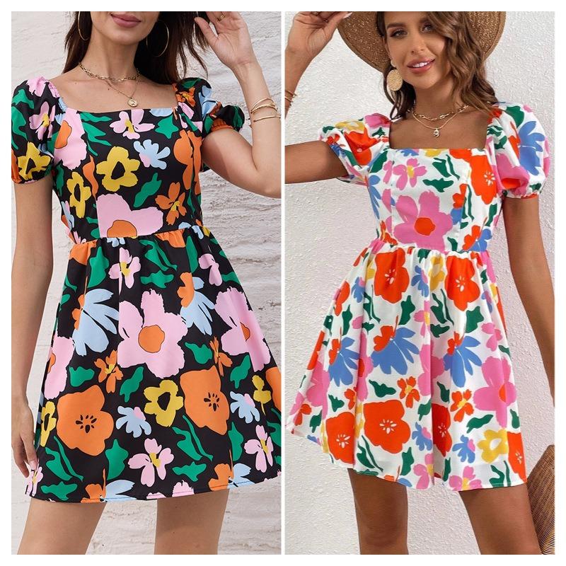 Women Floral Print Mini Dress Square Neck Puff Sleeve Waist Casual Elegant Summer Party Dress