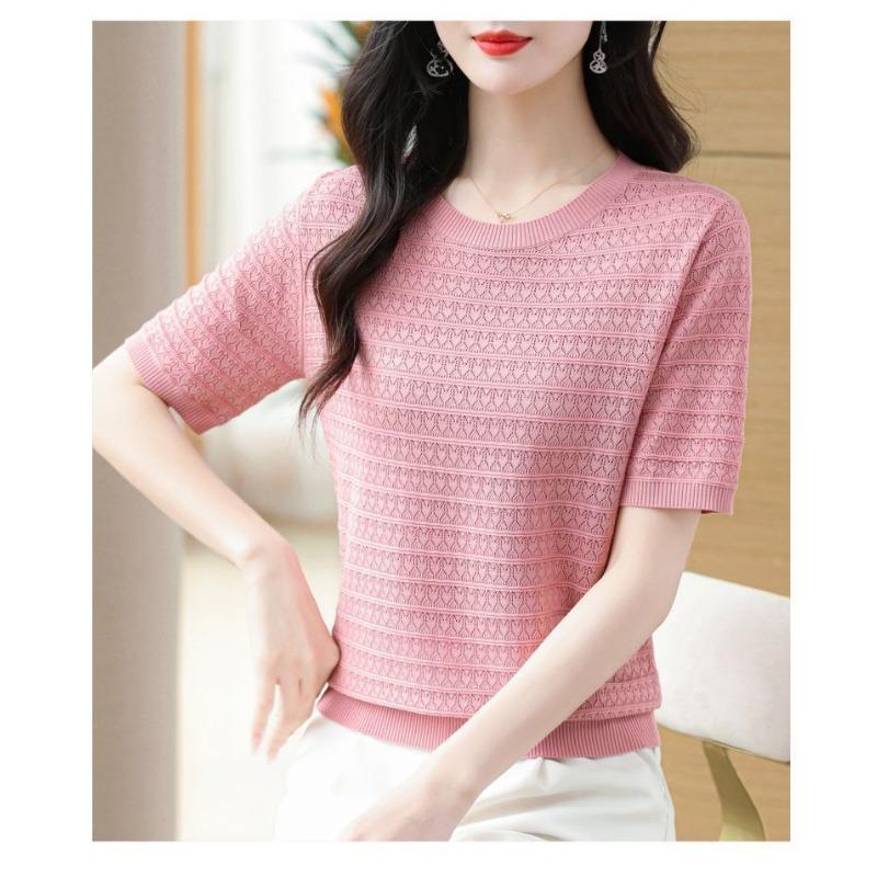 New Thin Ice Silk Mulberry Silk Short Sleeved T-shirt Round Neck Loose Slimming Knitted Top for Women