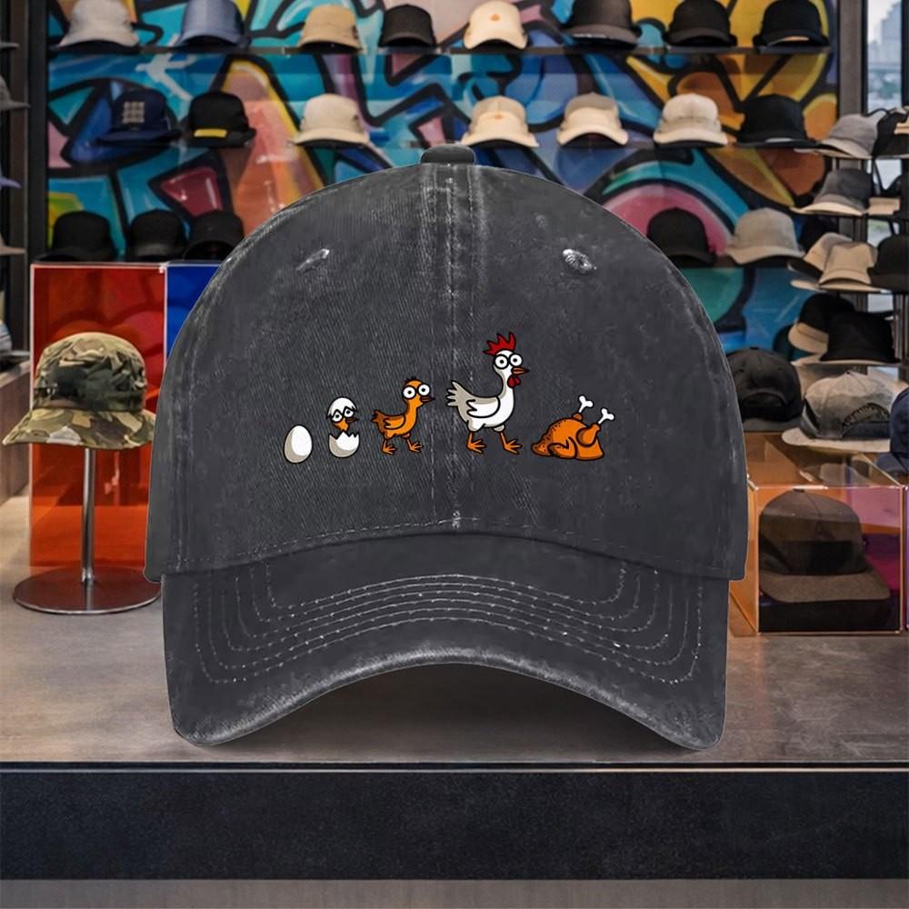 Cartoon Chicken Evolution Baseball Cap Washed Denim Adjustable Outdoor Casual Retro Hat