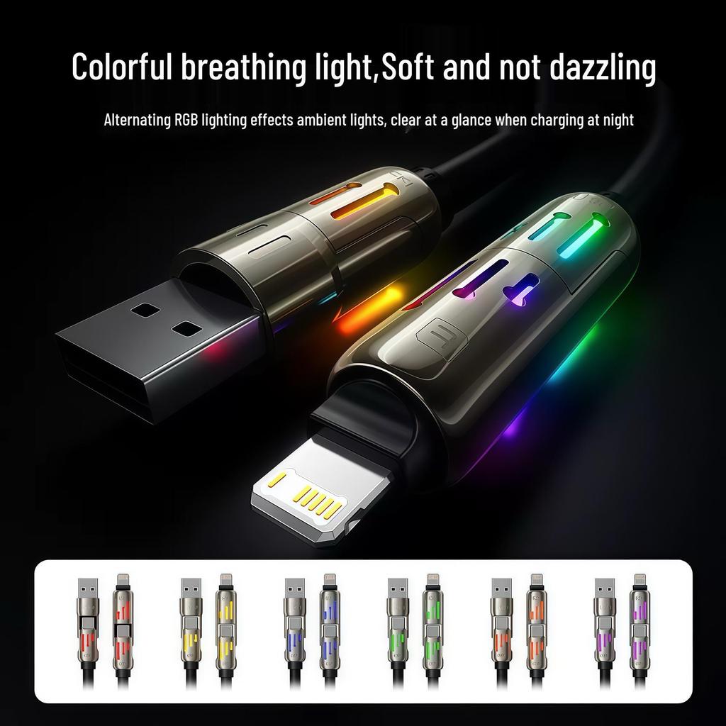 PD3.1 4-in-1 6A Fast Charging Cable with Dual-Light, Compatible with Apple, Type-C, Huawei, and Car Chargers.