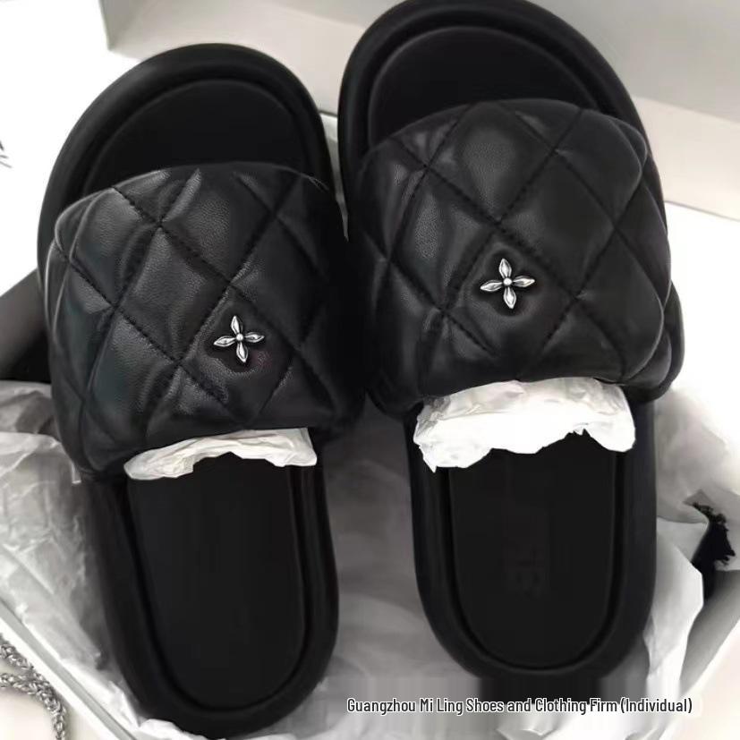 2024 High-Version SMF-K Fur Slippers: Thick-Soled Leather & Velvet Cross Design in Black/Gray
