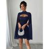 Women Glitter Cape Sleeve Mini Dress High Neck Cutout Bodycon Party Clubwear Evening Dress