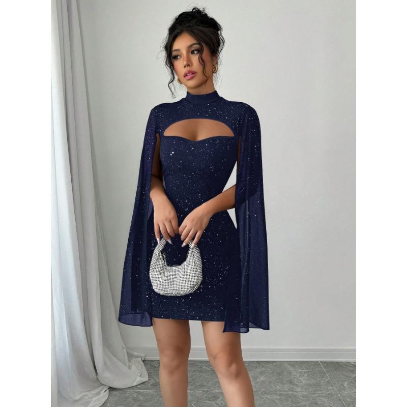 Women Glitter Cape Sleeve Mini Dress High Neck Cutout Bodycon Party Clubwear Evening Dress