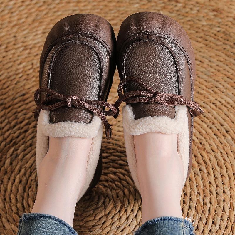 The First Layer of Cowhide Winter New Velvet Warm Fur Leather Shoes Platform Cotton Shoes Women's Shoes Wide Fat Feet Mother Shoes