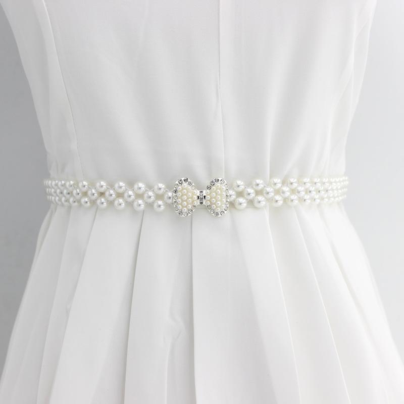 Women'S Rhinestone Pearl Waist Chain Dress Decorative Elastic Belt Women'S Sweet Flower Elastic Waist Seal