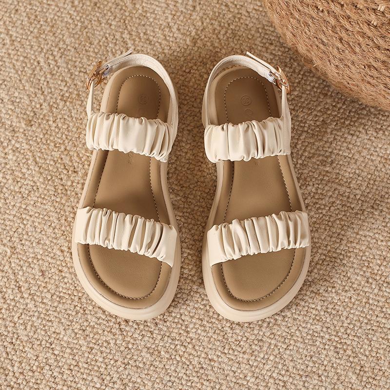 

Кожаные балетки для женской обуви Хуэйчжоу каблуки плоские сандалии носить лето новый универсальный пляжные сандалии 34 абрикосовый