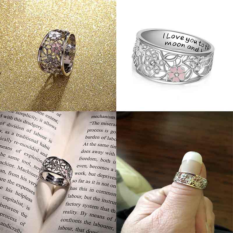 Sapphire Flower Pink Diamond Lucky Cherry Blossom 4 Leaves Clover Ring Eternity