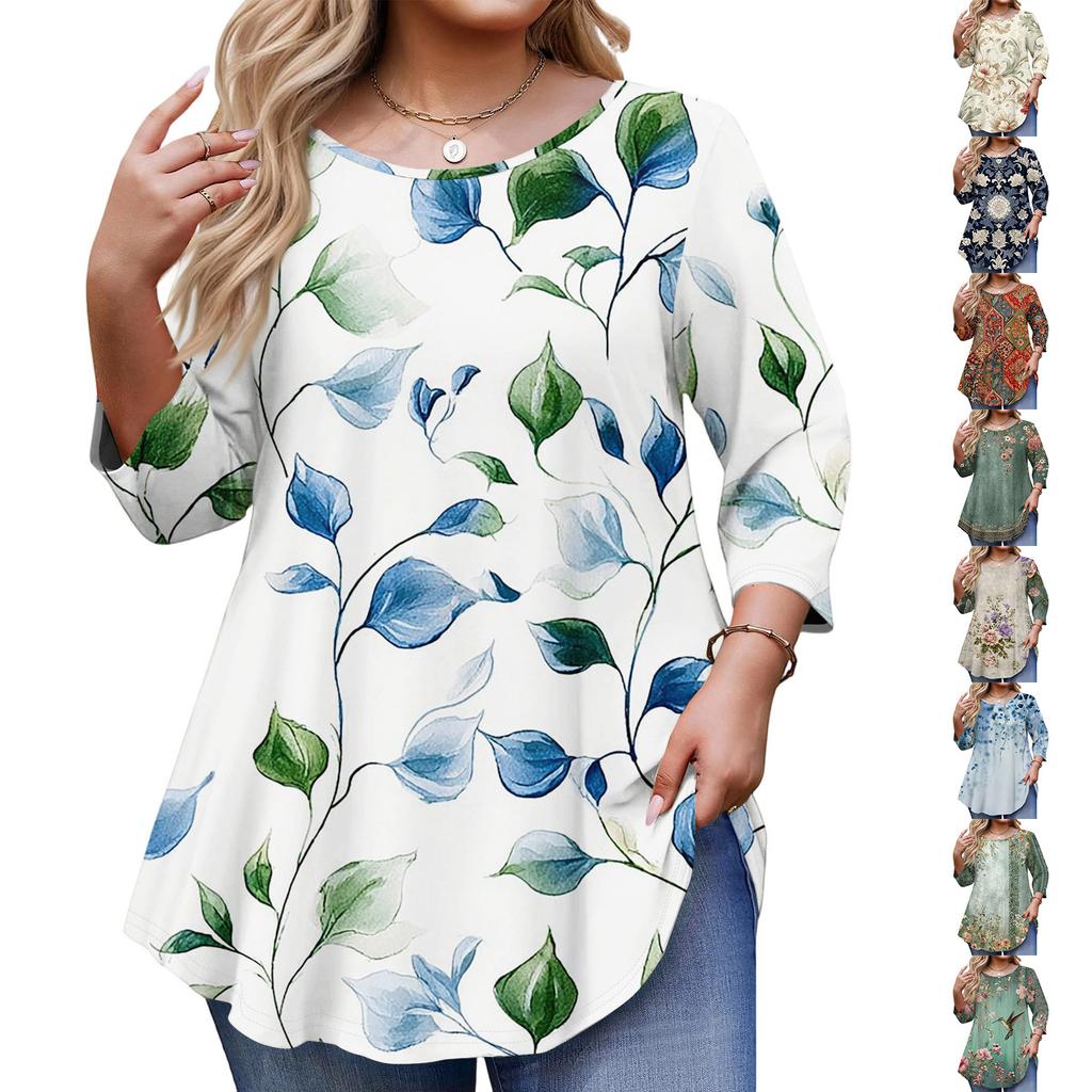 Women's Fashionable Casual Floral Print Plus Size Three-Quarter Sleeve Round Neck Top With Curved.