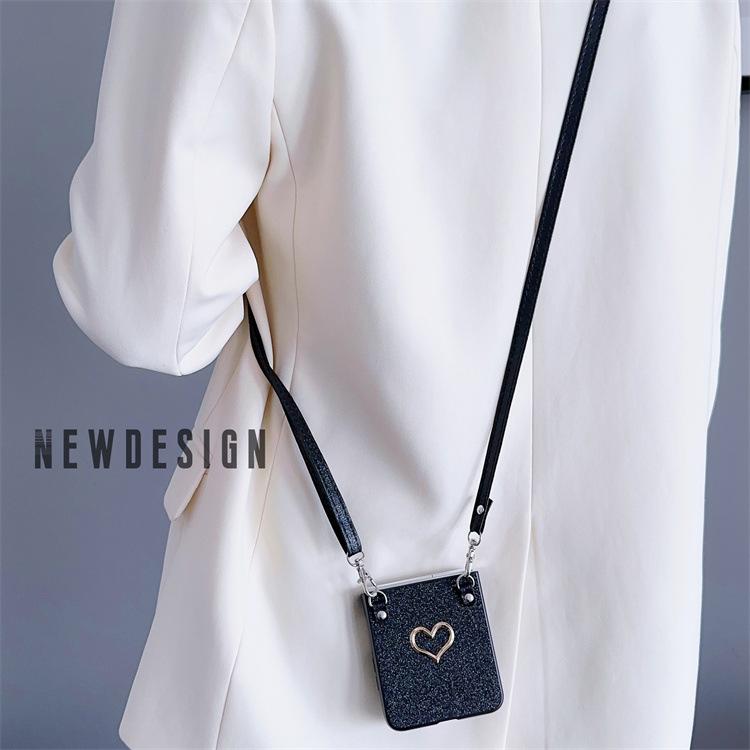 Applicable to Samsung ZFlip5 folding screen mobile phone case luxury wind flash powder love messenger lanyard anti-drop protective cover