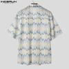 INCERUN Men Lapel Short Sleeve Striped Crochet Hollow Casual Oversized Shirts