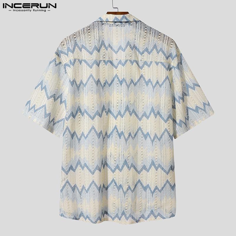 INCERUN Men Lapel Short Sleeve Striped Crochet Hollow Casual Oversized Shirts