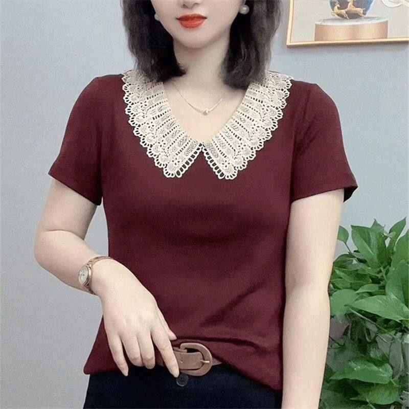 

Short Sleeve T-Shirt Women s Doll Collar Summer Plus Size Middle-Aged and Elderly Western Style Youthful-Looking Loose Bottoming Shirt Top Clothes Burgundy M Suggest 40-47.5kg