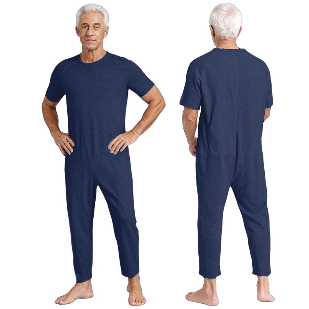 Men‘s Adaptive Clothing Jumpsuit XS-3XL: Round Neck Short Sleeve Solid Color with Back Zip-up Design for Dementia Elderly & Special Needs