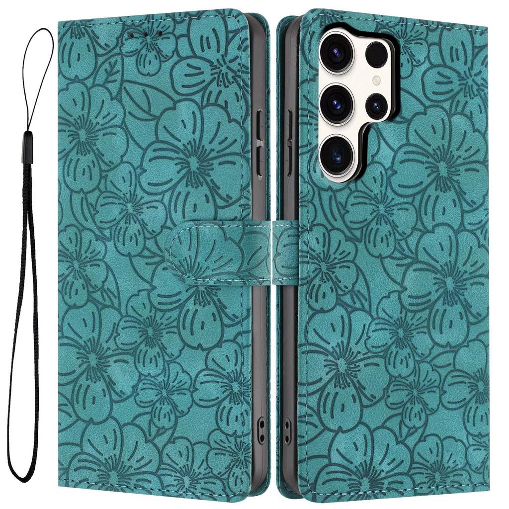 For Samsung Galaxy S24 Ultra Flip Case Cherry Blossom Pattern Leather Wallet Stand Phone Cover with Wrist Strap