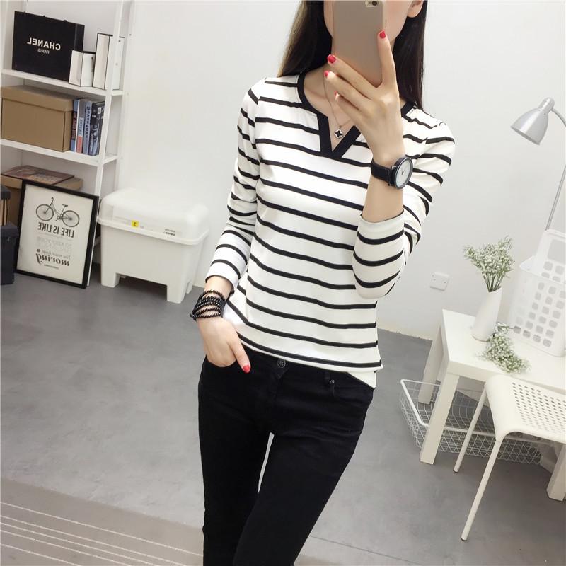 Autumn Korean Womens Slim Stripe V Neck Long Sleeve Tee Base Layer Dropshipping
