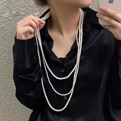 French Design Sense Three-layer Glass Pearl Long Necklace Sweater Chain with Small Fragrant Style Retro Gentle Long Necklace