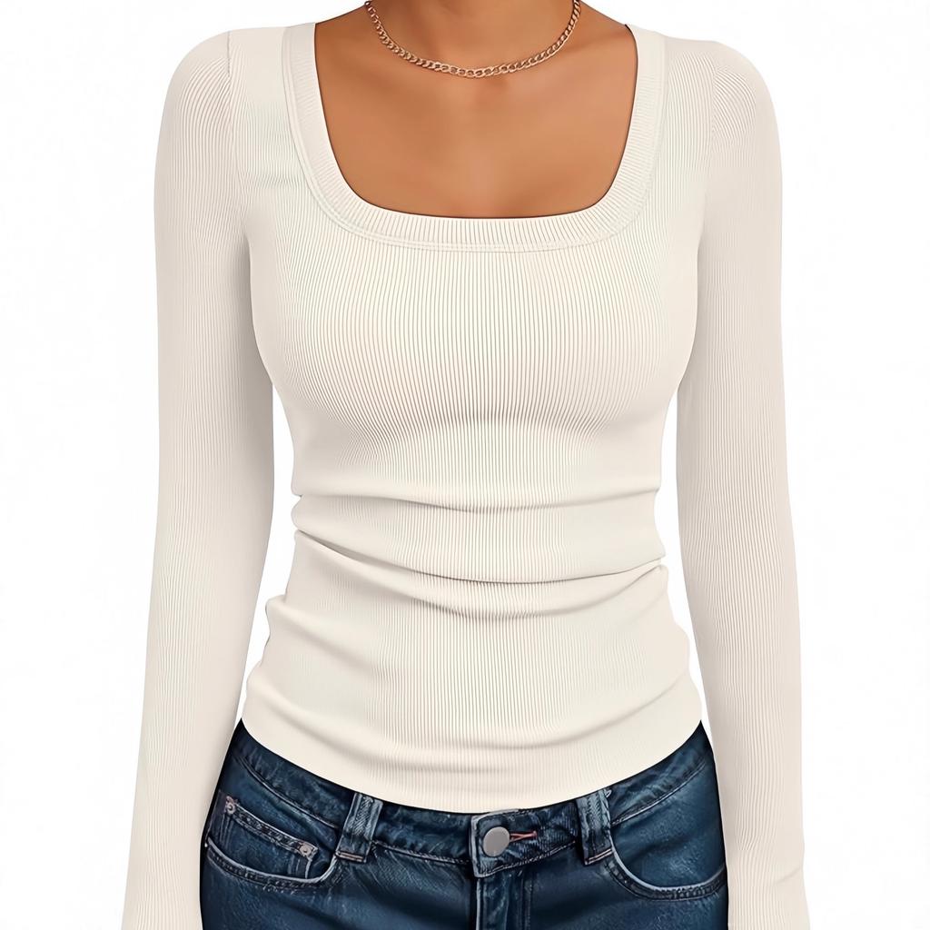 Top da Donna a Coste con Scollo Quadrato, Maglietta Base a Manica Lunga Slim Fit per Autunno Inverno Primavera, Crop Top Casual