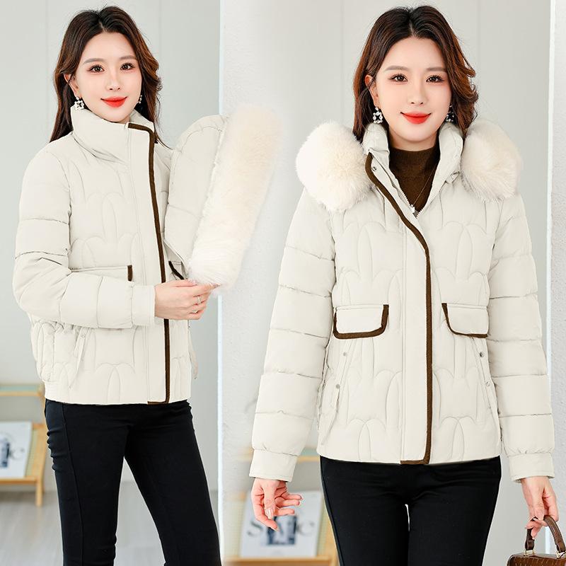 New cotton-padded clothes women's short autumn and winter jackets, large fur collar removable hat, warm cotton-padded clothes, foreign style fashionab