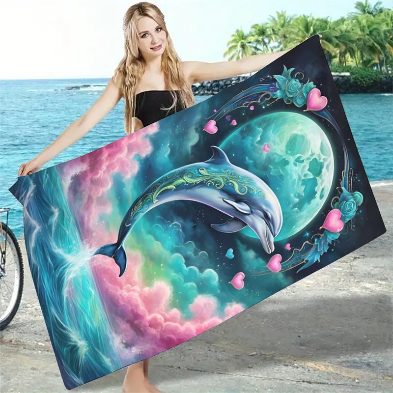 1PCMagical Moon Dolphin Beach Towel, Quick Dry Sand Free Oversized Microfiber Towel