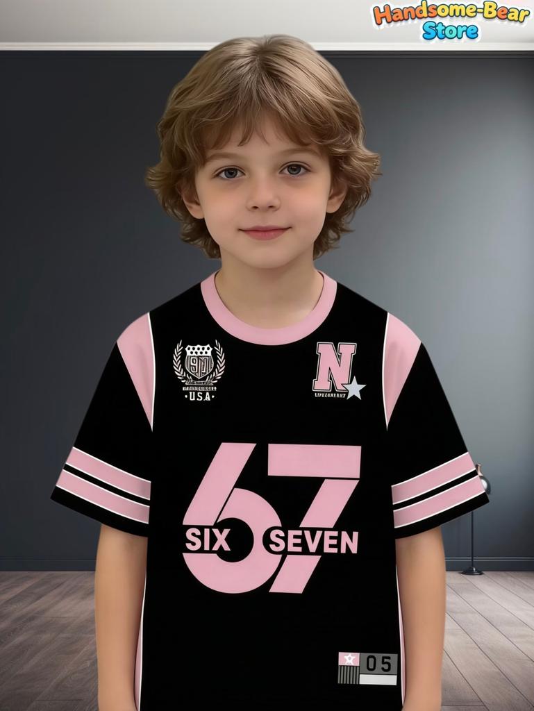 T-shirt Meme 67 pour Enfants Drôle Impression Numérique 3D Numéro 67 Maillot de Football T-shirt Style Maillot Lâche Mode Vêtements pour Enfants
