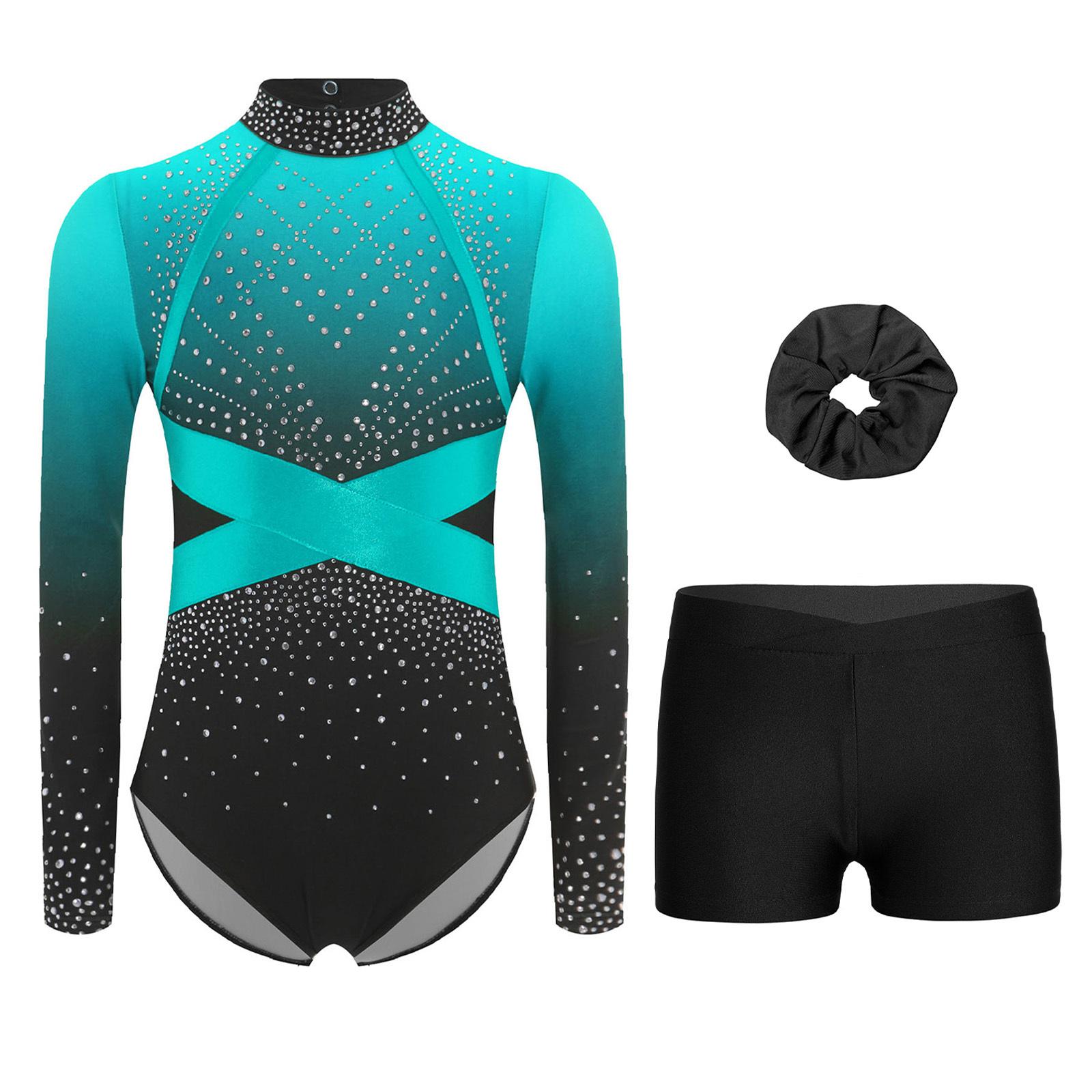 

Girls Gymnastics Leotard Long Sleeve Shiny Rhinestones V Front Elastic Waistband Shorts Dance Performance Outfit 5-6 Years світло-синій колір