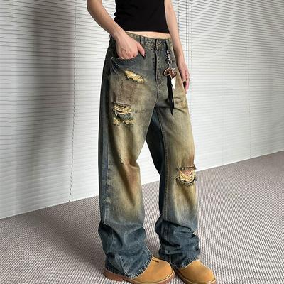 Jean Streetwear Vintage pour Femmes Taille Haute Ample Trou Pantalon en Denim Féminin Décontracté Pantalon Droit Féminin
