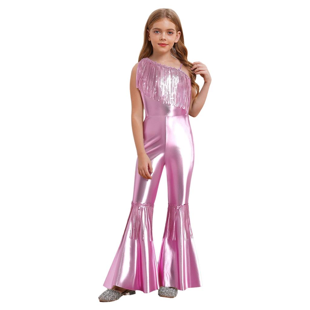 Kids Sparkly Jumpsuit Off-shoulder Sleeveless Sequin Tassels Flared for Pageant Show