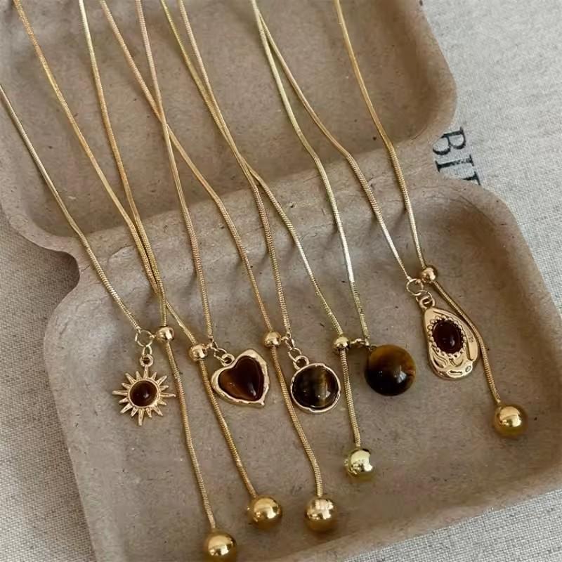 Fashion Brown Stone Sun Geometry Pendant Long Snake Chain Necklace Jewelry For Women New Vintage Charm Jewelry Gifts