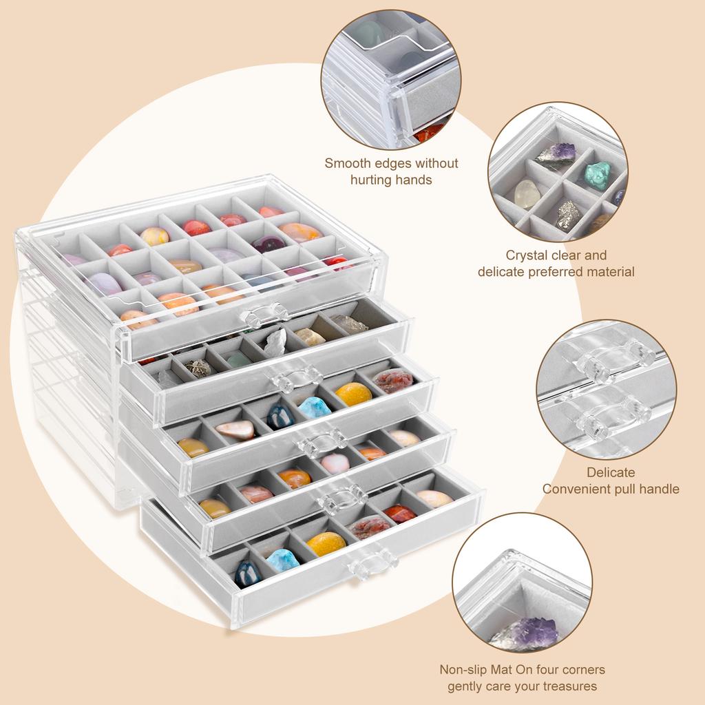5 Tier Rock Display Case Clear Rock Collection Display Case 90 Grids Large Content Rock Collection Box Multi-role Storage